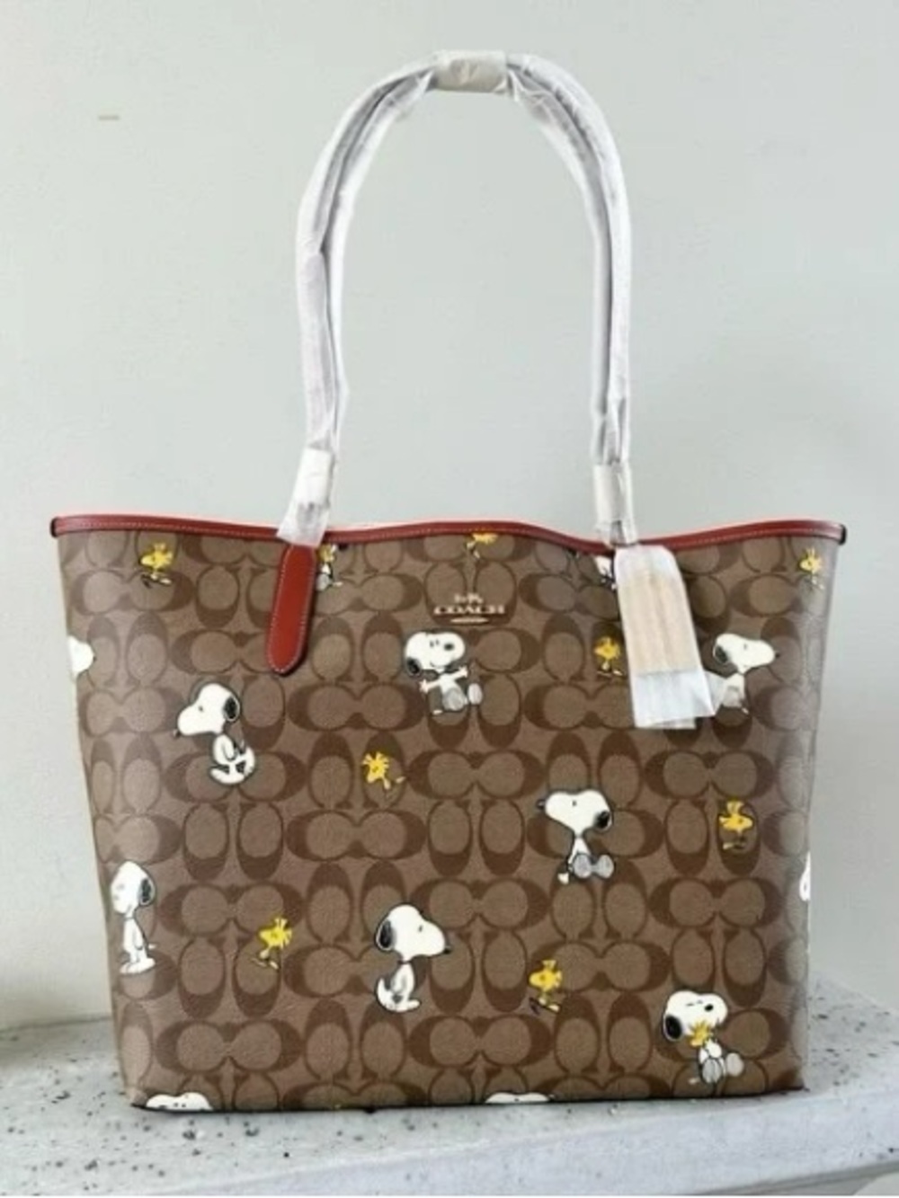 New Coach Bag Brown Signature Snoopy Print Tote with Red Trim
